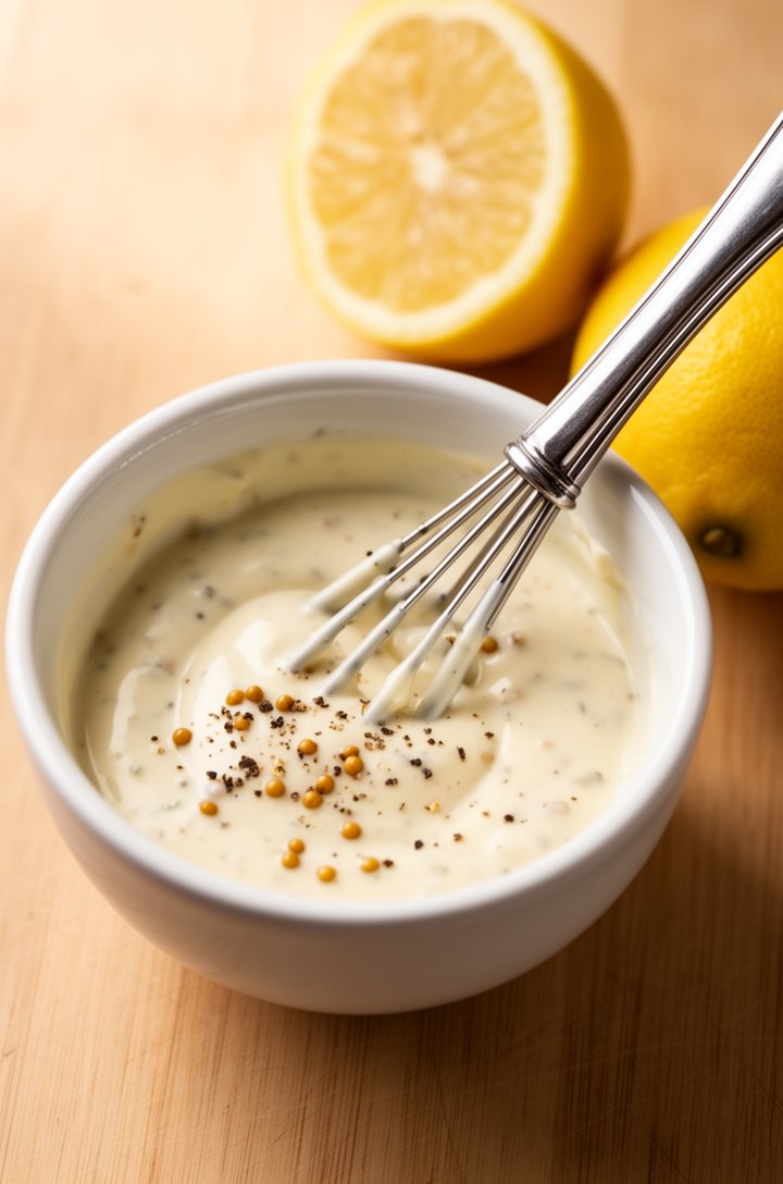 Close-up 45-degree angle shot of creamy mayo dressing being whisked together in a small white ceramic bowl with a silver fork, showing the pale ivory color with visible flecks of Old Bay seasoning and