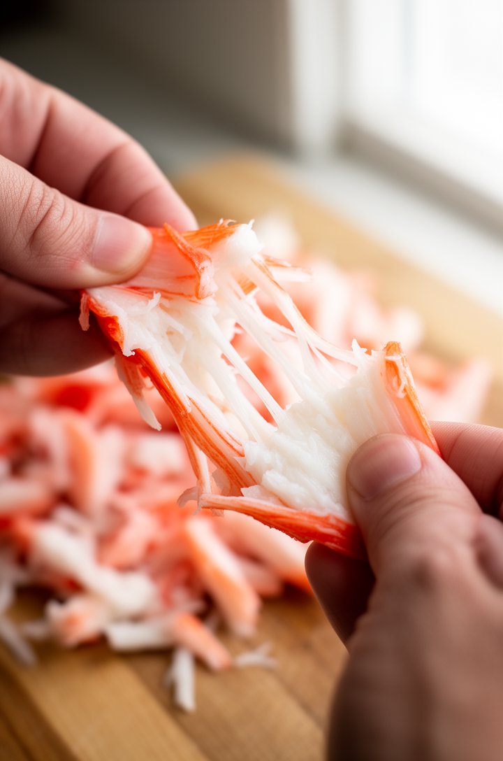 Extreme close-up macro shot of hands gently tearing apart a piece of imitation crab meat, showing the white and coral-pink layers separating into natural shreds. Soft natural light from the right side