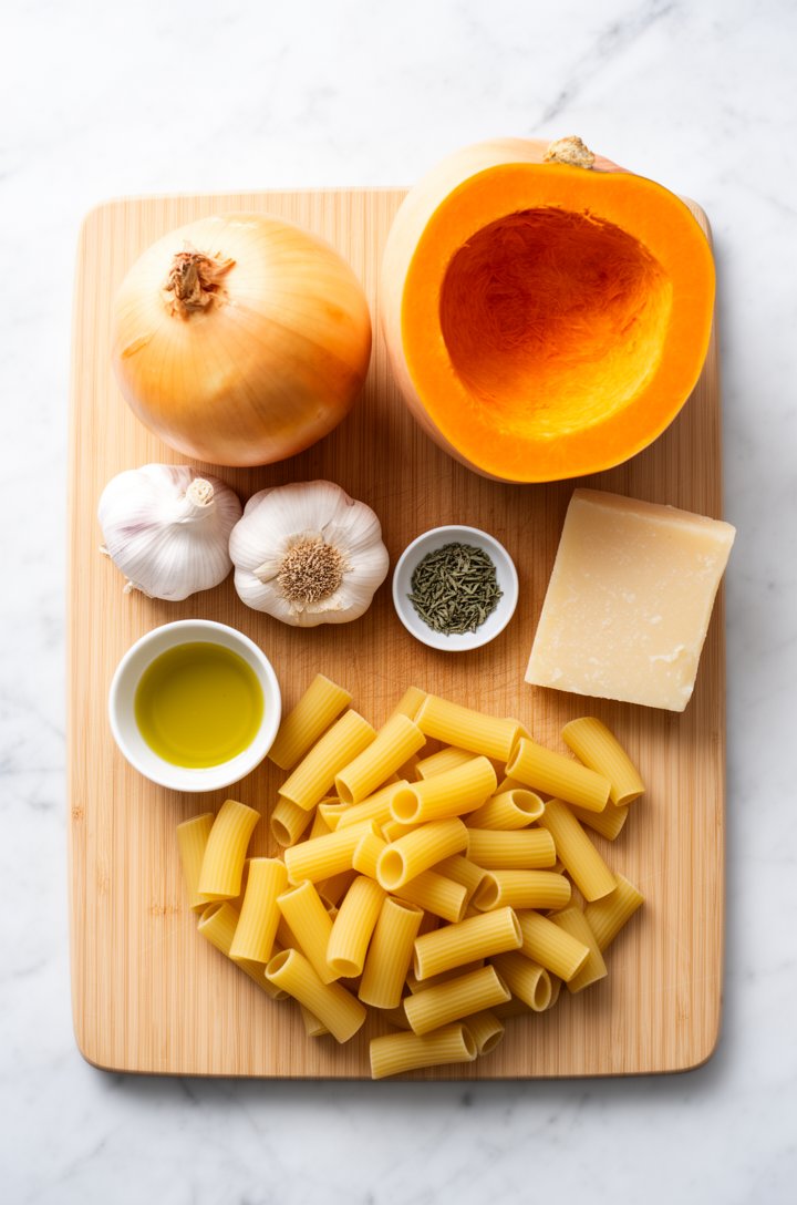 Overhead flat-lay of butternut squash pasta ingredients arranged on a light wooden cutting board — a halved butternut squash with deep orange flesh, a yellow onion, a whole head of garlic, a small bow