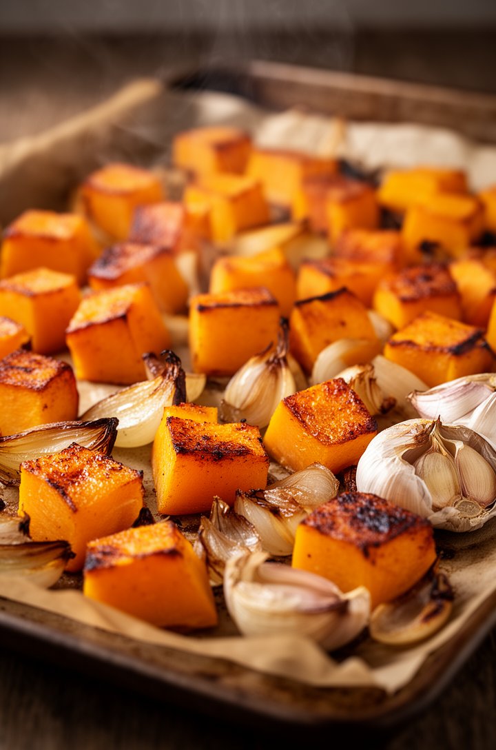 Close-up 45-degree angle shot of golden-brown roasted butternut squash cubes and caramelized onion chunks on a parchment-lined baking sheet, edges deeply browned and slightly charred. Roasted garlic c