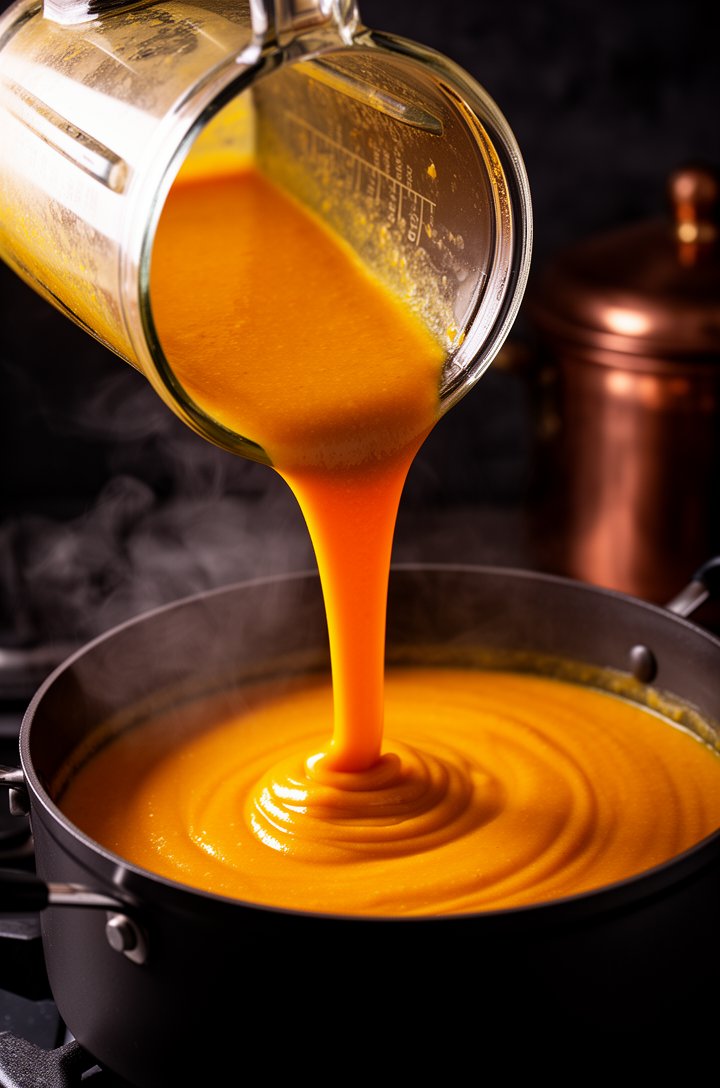 Action shot from above of vibrant golden-orange butternut squash sauce being poured from a blender jar into a dark pot, the sauce flowing in a thick velvety ribbon. The sauce is smooth and glossy with