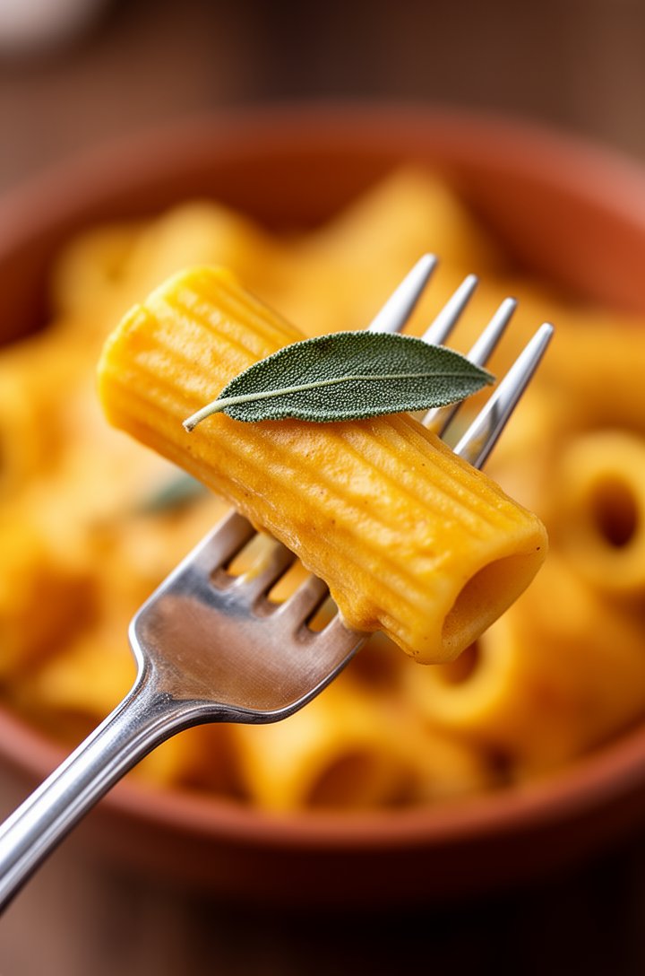 Extreme close-up macro shot of a single rigatoni tube coated in creamy golden butternut squash sauce, balanced on the tines of a silver fork. The sauce is smooth and clings to the ridges of the pasta.