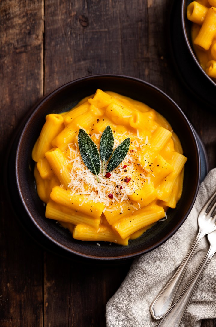 Gorgeous overhead shot of the finished creamy butternut squash pasta served in a deep dark ceramic bowl. Rigatoni generously coated in smooth golden-orange sauce, topped with freshly grated parmesan, 