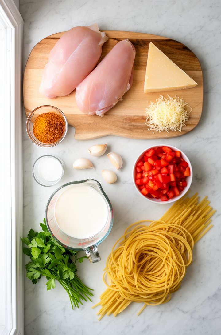 Overhead flat-lay of cajun chicken pasta ingredients arranged on a light marble countertop — two raw chicken breasts on a wooden cutting board, a small glass bowl of golden-brown cajun seasoning, thre