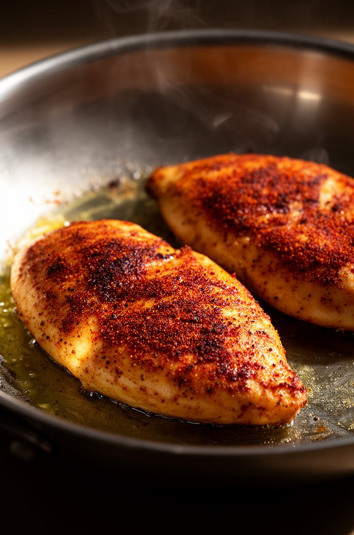 Close-up side-angle shot of two seasoned chicken breasts searing in a large stainless steel skillet, deep golden-brown cajun-spiced crust visible on the top surface with dark paprika-red and smoky sea