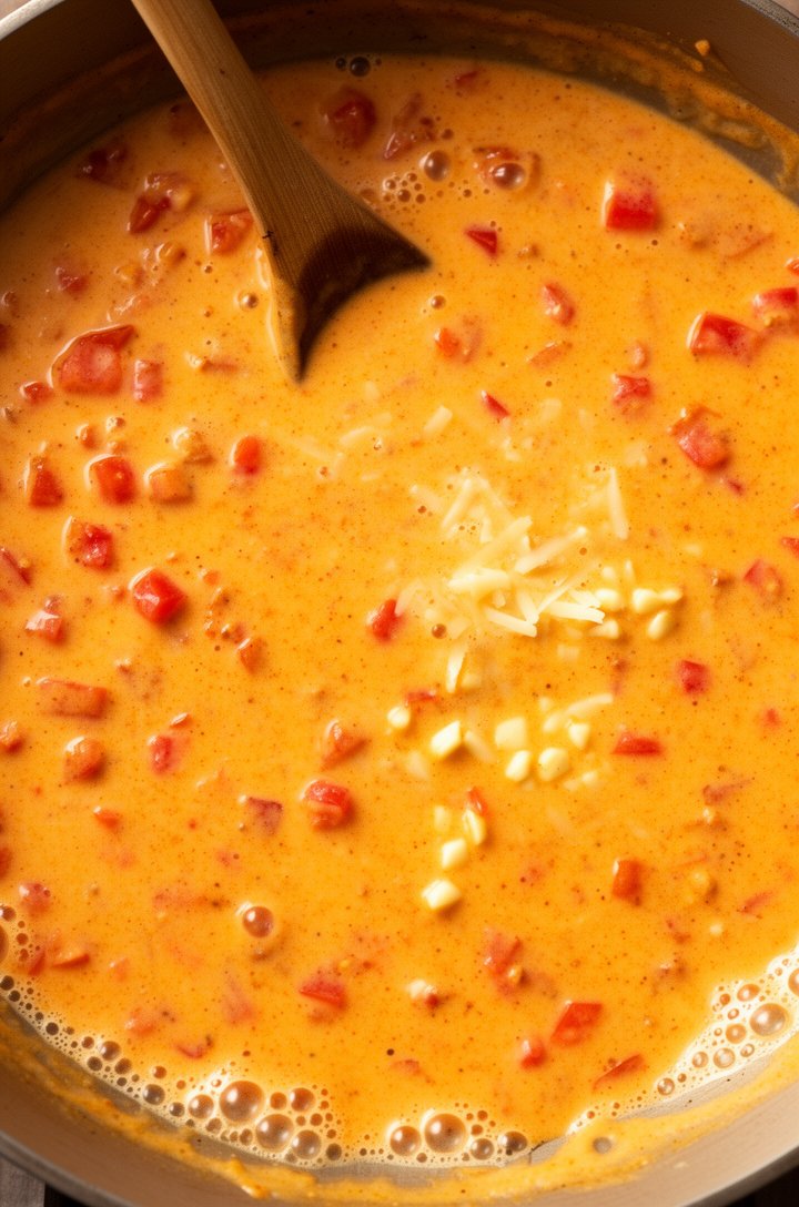 Overhead close-up of the creamy cajun sauce simmering in a large skillet — heavy cream turning a warm golden-orange hue as the cajun seasoning dissolves into it, small pieces of diced red tomato visib