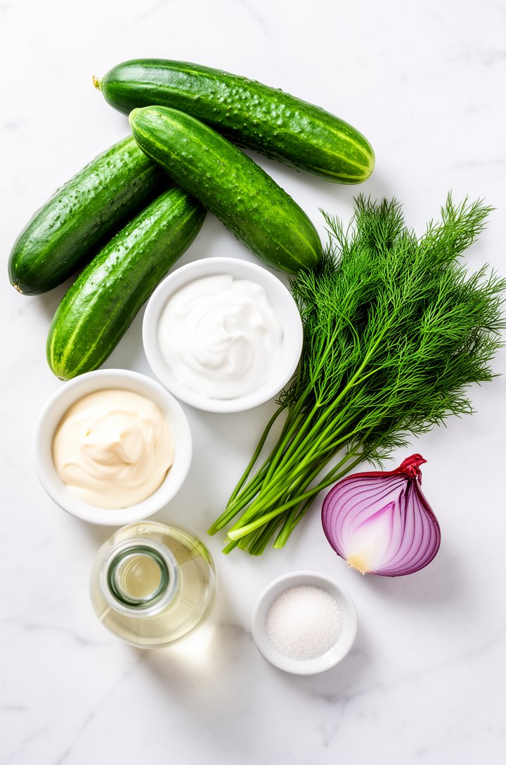 Overhead flat-lay of creamy cucumber salad ingredients arranged on a bright white marble surface — two whole English cucumbers, a small white bowl of sour cream, a ramekin of mayonnaise, a bunch of fr