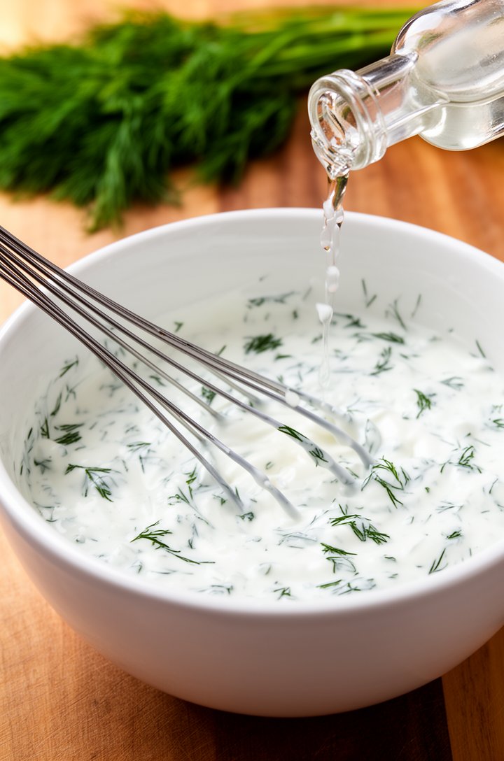 Close-up 45-degree angle of a whisk mixing creamy white dressing in a white ceramic bowl, visible flecks of bright green chopped dill throughout the glossy sour cream mixture, a splash of white vinega