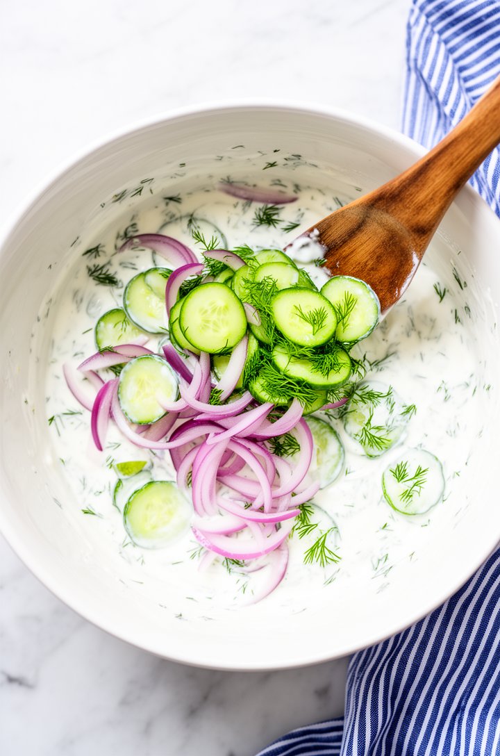 Overhead shot of thin translucent cucumber coin slices and purple-pink red onion half-moon rings being tossed into a large white ceramic bowl of creamy white dressing, a wooden serving spoon mid-actio
