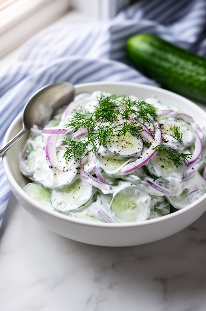 Side-angle close-up of finished creamy cucumber salad served in a white ceramic bowl on a light marble surface, glistening cucumber slices coated in thick white sour cream dressing, vivid purple onion