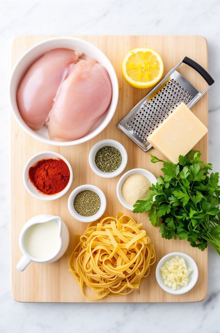 Overhead flat-lay of recipe ingredients arranged on a light wooden cutting board and white marble surface: raw chicken breasts in a white bowl, a halved lemon with visible zest, small pinch bowls of s