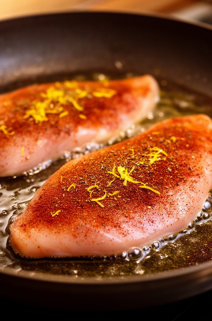 Close-up 45-degree angle shot of seasoned raw chicken cutlets in a large dark skillet, the surface coated in a reddish-brown spice mixture of smoked paprika and oregano with visible lemon zest flecks,