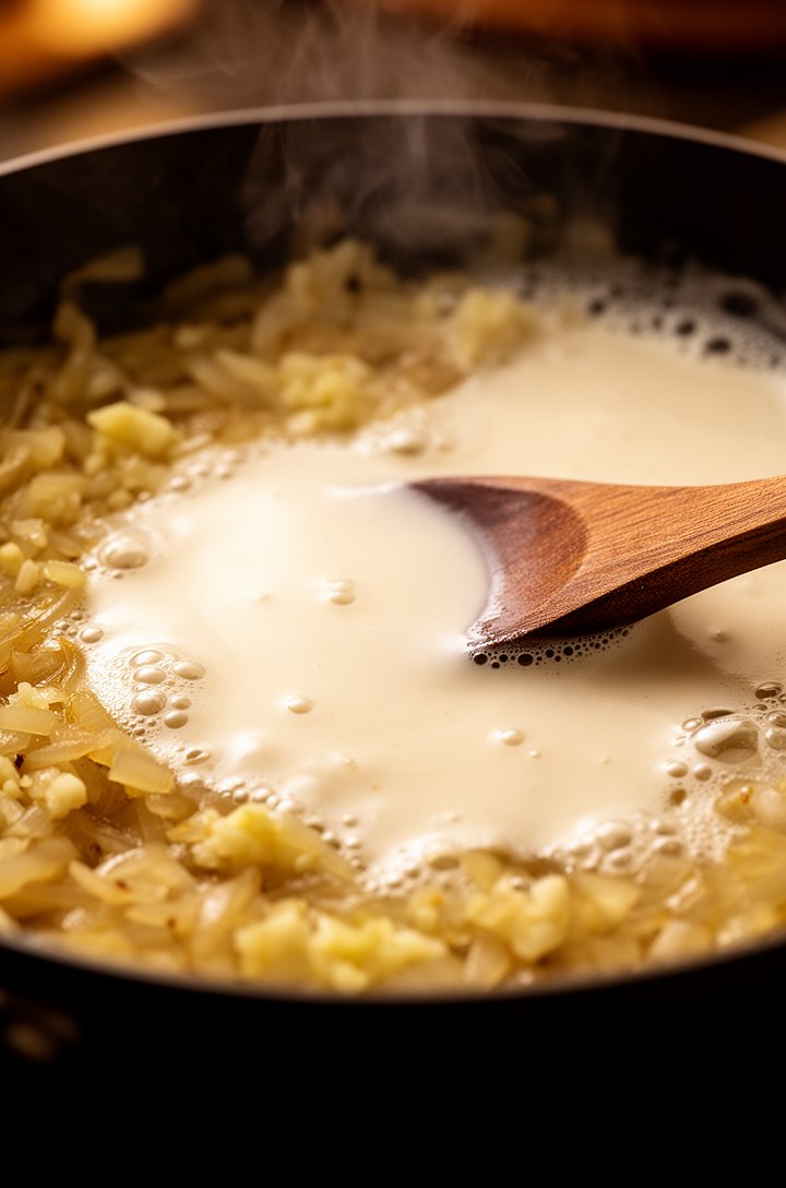 Extreme close-up macro shot of the cream sauce being built in a dark skillet: golden sauteed onions and minced garlic visible beneath a pool of ivory cream sauce that's just beginning to simmer, tiny 