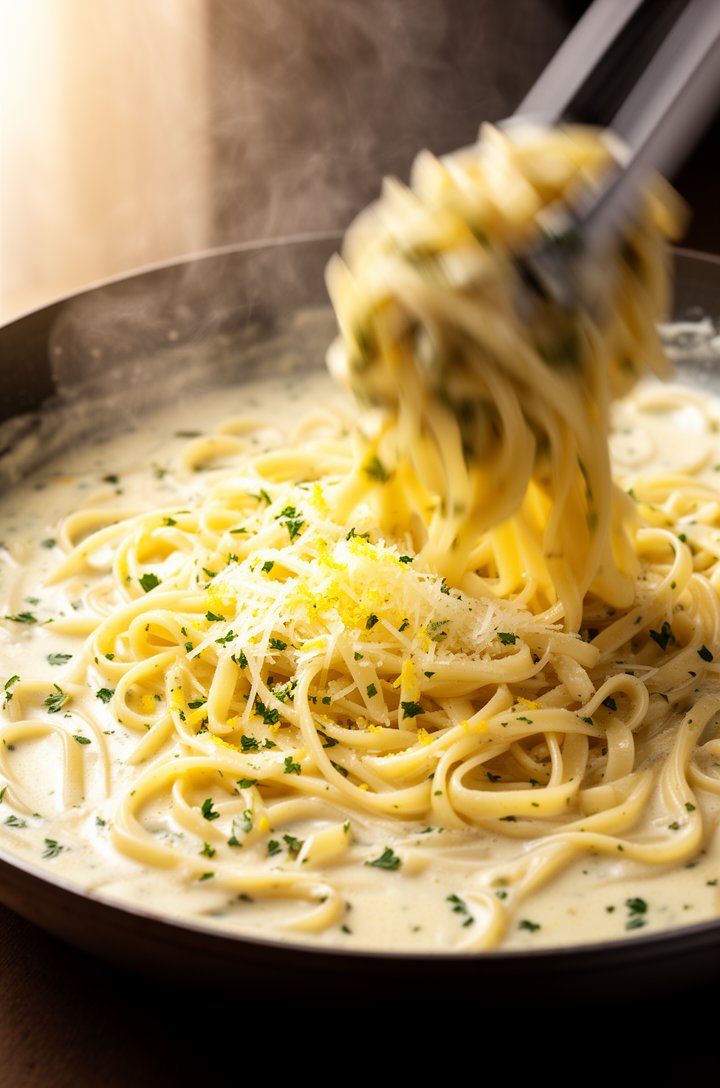 Action shot at 30-degree angle of fettuccine being tossed with tongs in a large skillet filled with creamy lemon sauce, the pasta strands coated in glossy ivory cream sauce with visible parsley flecks
