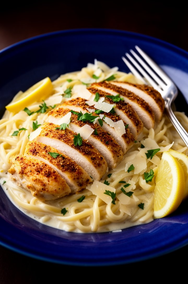 Close-up 45-degree angle of the finished creamy lemon chicken pasta served in a deep blue ceramic bowl, golden-brown sliced chicken with visible spice crust fanned across the top of creamy fettuccine,