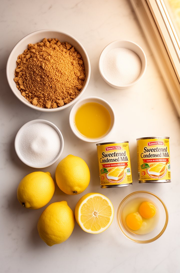 Overhead flat-lay of recipe ingredients arranged on a white marble countertop: a bowl of fine graham cracker crumbs, a small bowl of granulated sugar, a ramekin of melted golden butter, two cans of sw