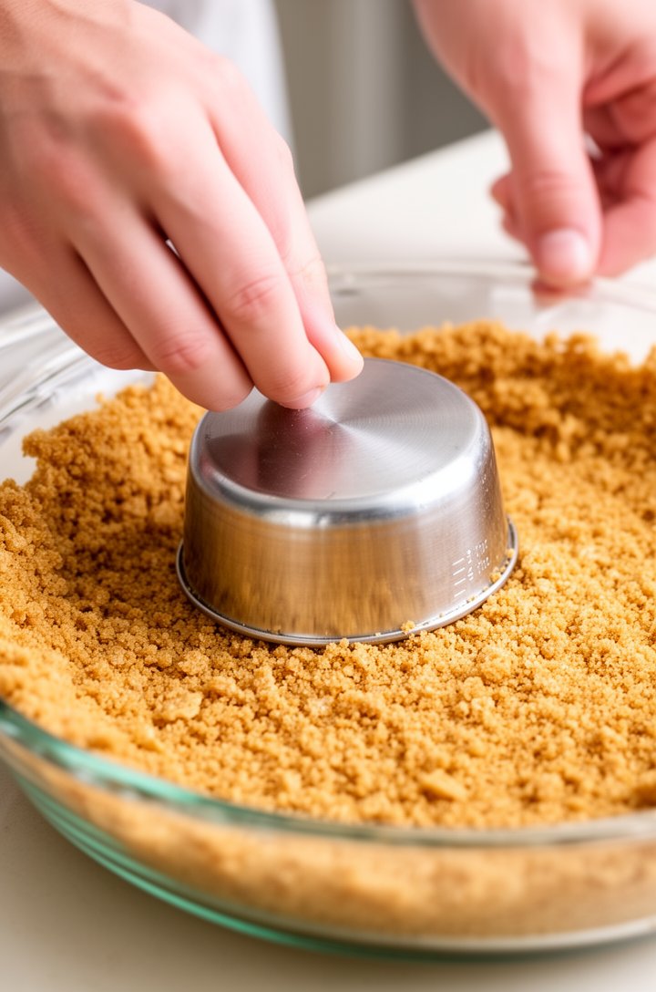 Close-up side-angle shot of hands pressing golden graham cracker crumb mixture into a glass 9-inch pie dish, using the flat bottom of a silver measuring cup to compact the crumbs firmly against the bo