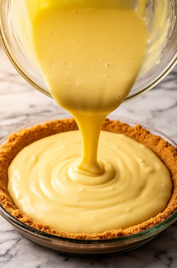 Overhead close-up of smooth pale yellow lemon filling being poured from a glass mixing bowl into the warm pre-baked golden graham cracker crust in a glass pie dish. The filling is thick and glossy, cr