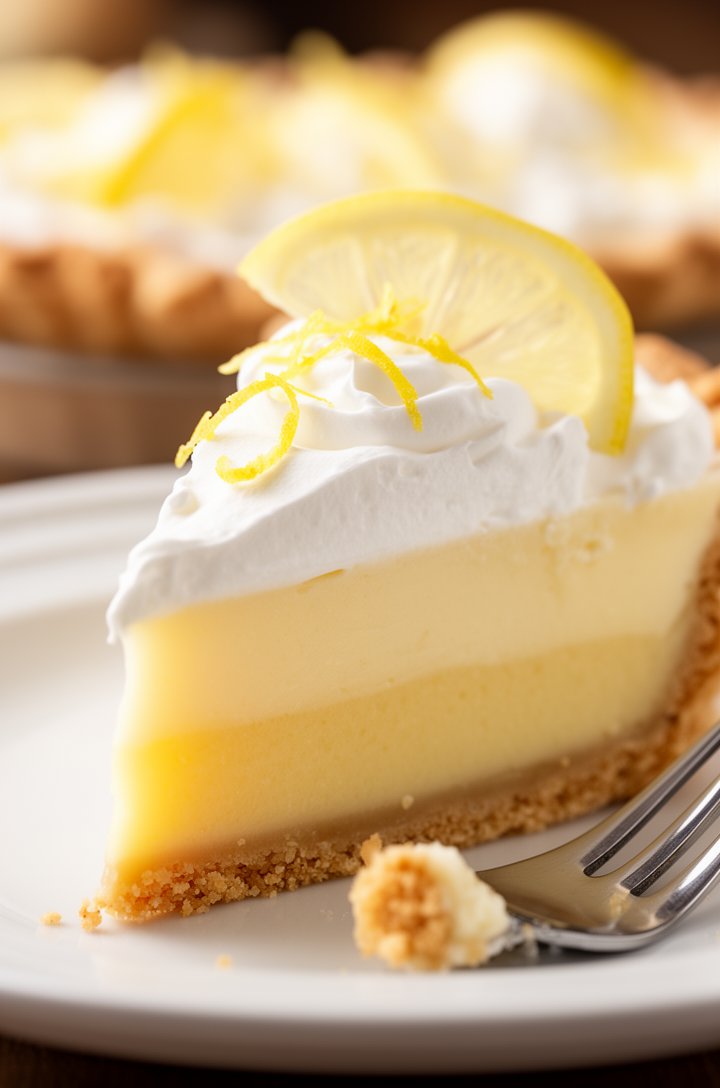 Extreme close-up macro shot of a single perfect slice of creamy lemon pie on a white ceramic plate, shot from a low side angle at about 6 inches away. The cross-section shows three distinct layers: th