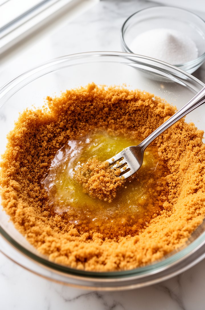 Overhead shot of fine golden graham cracker crumbs in a clear glass bowl being stirred with melted butter using a fork, the crumbs transitioning from dry and pale to wet and dark golden as the butter incorporates. A small bowl of white granulated sugar sits nearby. White marble surface, bright natural window lighting from the upper left