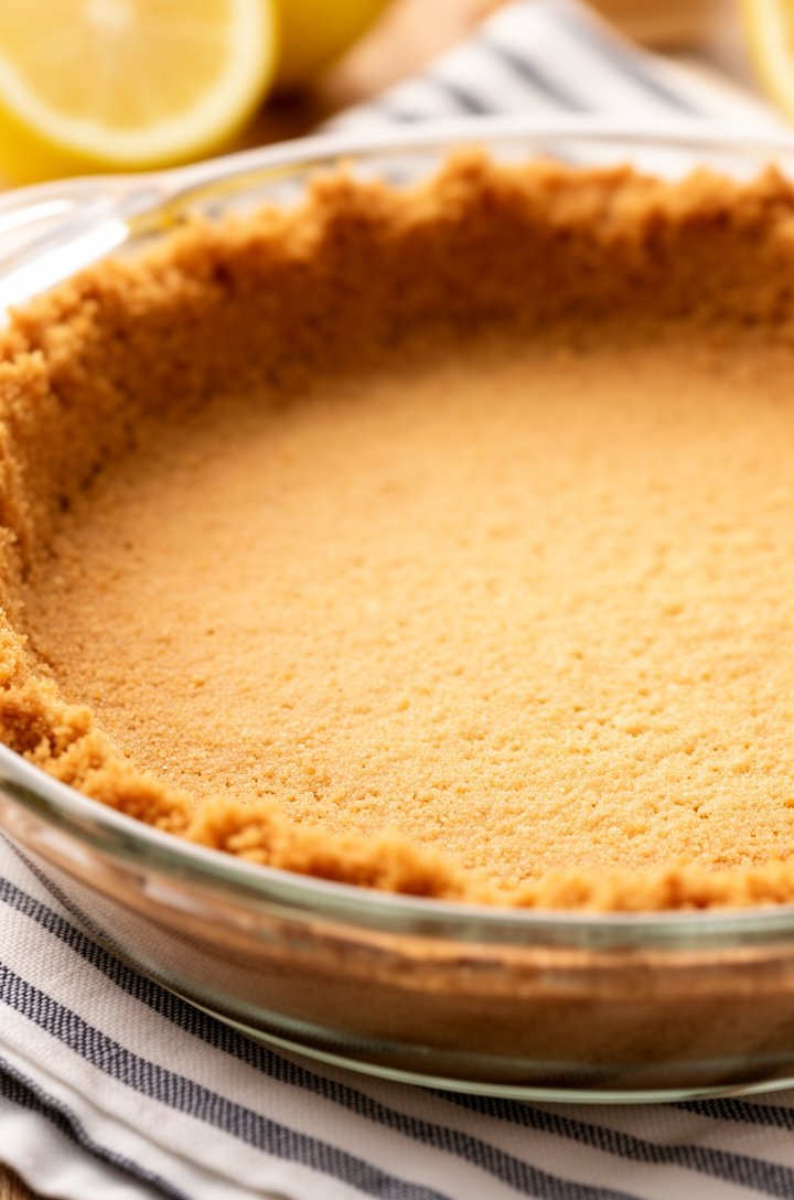 Close-up 45-degree angle of a 9-inch glass pie dish with the graham cracker crust pressed into it, just pulled from the oven with a light golden color and slightly darkened edges. The crust is smooth and even along the bottom with neatly packed sides. A striped kitchen towel underneath, warm kitchen lighting