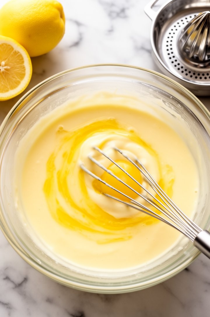 Overhead close-up of a medium glass bowl showing thick pale yellow lemon filling being whisked, visible egg yolk streaks being incorporated into the sweetened condensed milk and lemon juice mixture. A halved lemon and a citrus juicer sit on the marble counter beside the bowl. Bright, clean lighting