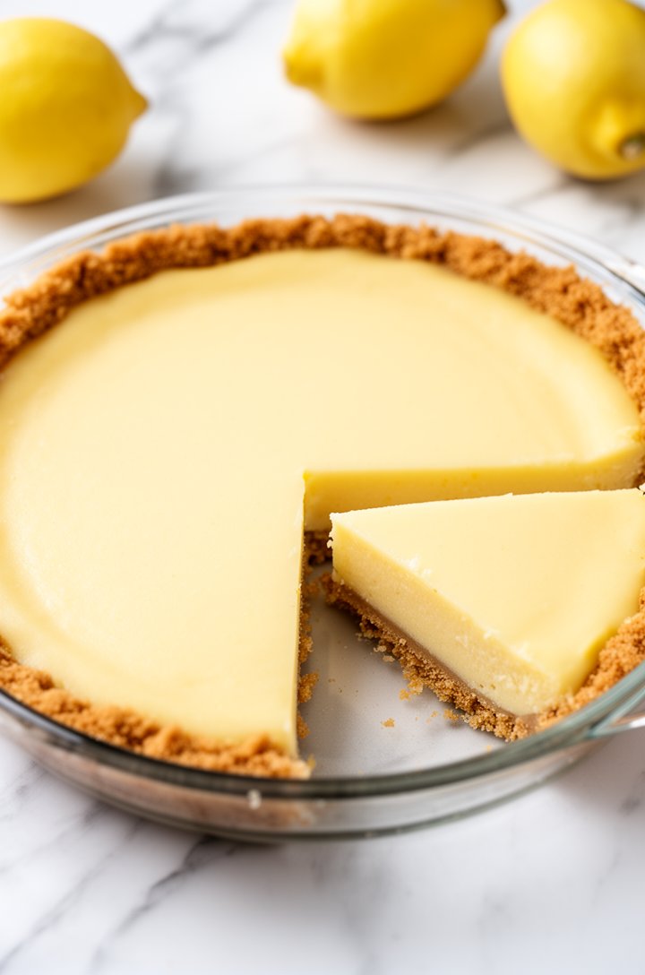 Overhead shot of the whole lemon pie in a glass pie dish after baking and chilling, the filling perfectly set with a smooth pale yellow surface. The golden graham cracker crust edge is visible all around. One slice has been cut and partially pulled away, showing the clean firm cross-section of the filling. White marble countertop, soft natural lighting, a few whole lemons scattered in the background