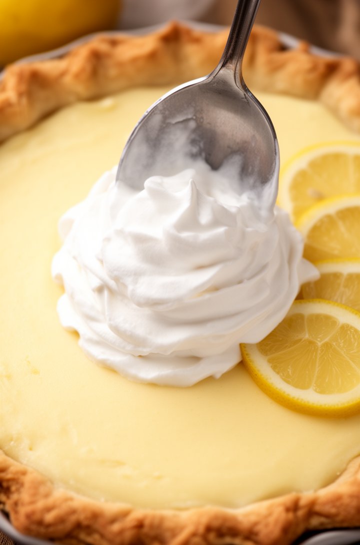Close-up of whipped cream being dolloped onto the center of the chilled lemon pie with a large spoon, the cream billowy and bright white against the pale yellow filling. Thin lemon slices arranged artfully on one side of the whipped cream. Shot from directly overhead at about 12 inches, warm natural light, shallow depth of field on the edges