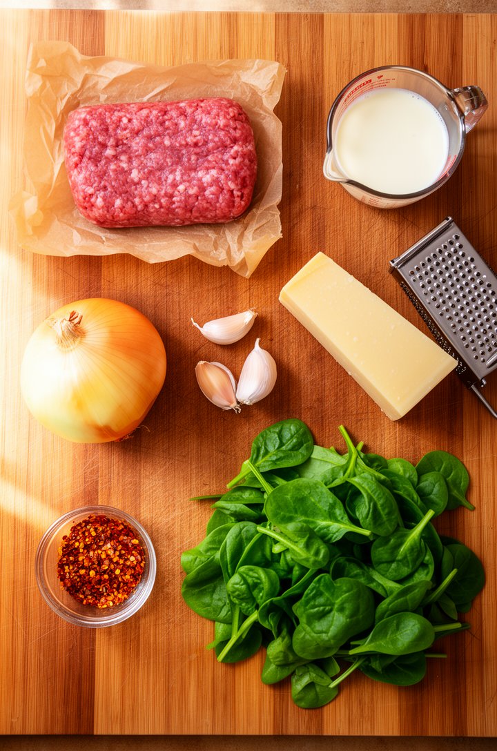 Overhead flat-lay of recipe ingredients arranged on a warm wood cutting board — a pound of raw ground Italian sausage in butcher paper, a halved yellow onion, two whole garlic cloves, a small glass bo