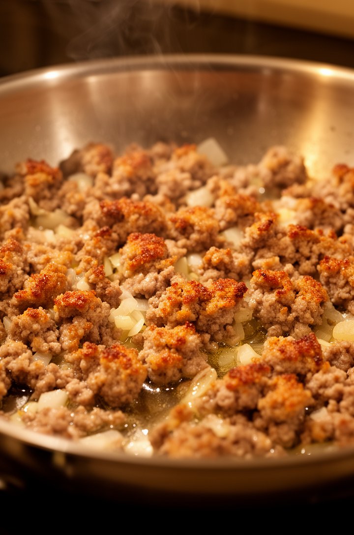 Close-up 45-degree angle of crumbled Italian sausage browning in a large stainless steel skillet, golden-brown crispy edges on the sausage pieces, minced onion and garlic visible between the meat, gli