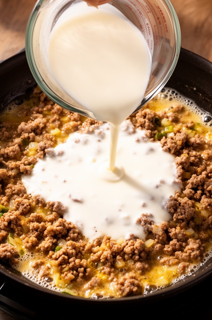 Overhead shot of heavy cream being poured from a glass measuring cup into the skillet with the browned sausage and aromatics, cream pooling around the golden meat pieces, the beginning of the sauce fo