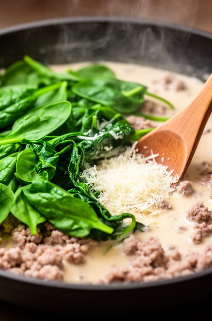 Close-up 45-degree angle of bright green baby spinach leaves wilting into the creamy sauce in the skillet, some leaves still vibrant green on top while others have just wilted into the pale beige crea