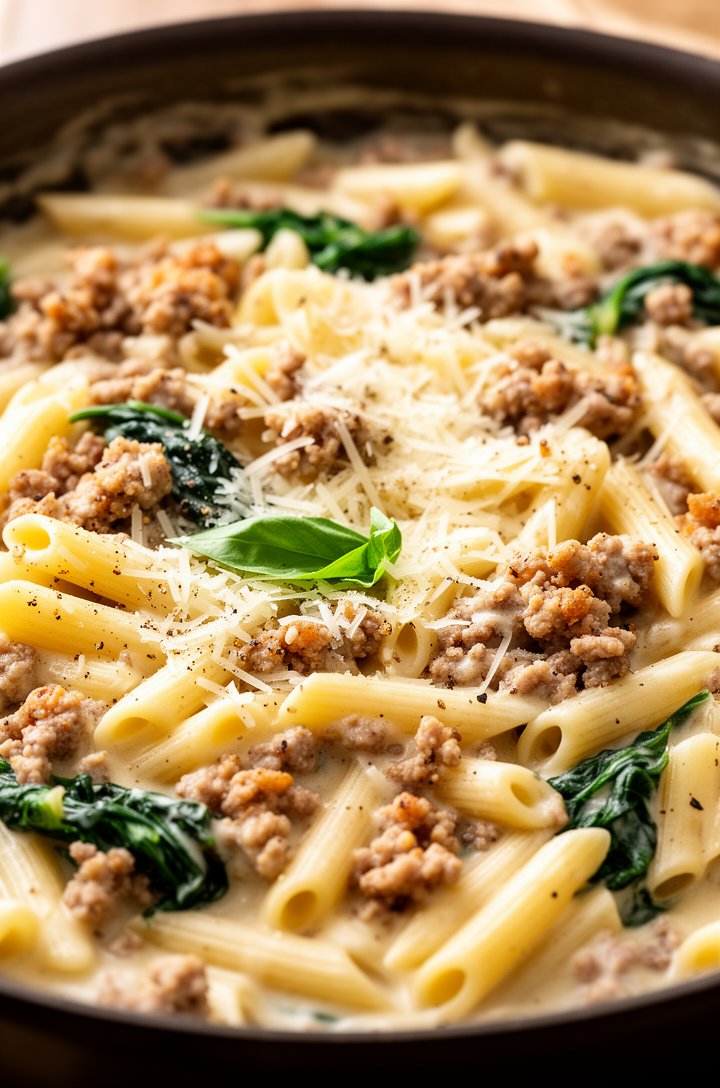 Extreme close-up macro shot of the finished creamy sausage pasta in a large skillet, penne tubes glistening with velvety cream sauce, crumbled golden-brown sausage scattered throughout, wilted dark gr