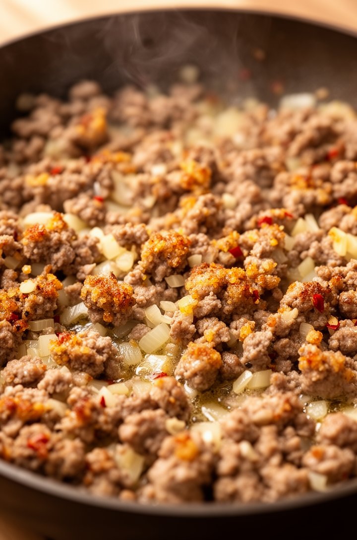 Close-up 45-degree angle of Italian sausage crumbling and browning in a large skillet, golden-brown crispy bits forming on the meat, minced onion turning translucent between sausage pieces, minced garlic visible, small red pepper flakes dotting the mixture, rendered fat glistening, warm side lighting with gentle steam