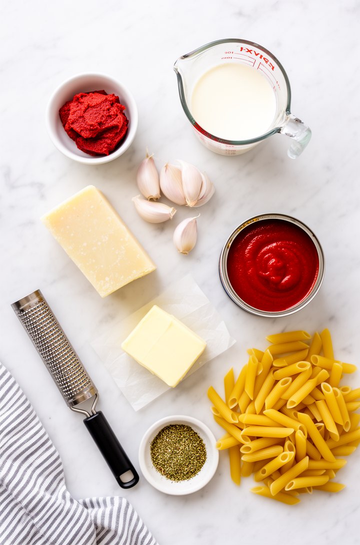 Overhead flat-lay of creamy tomato pasta ingredients arranged on a clean white marble surface — a small bowl of tomato paste, a measuring cup of heavy cream, three whole garlic cloves, a block of Parm