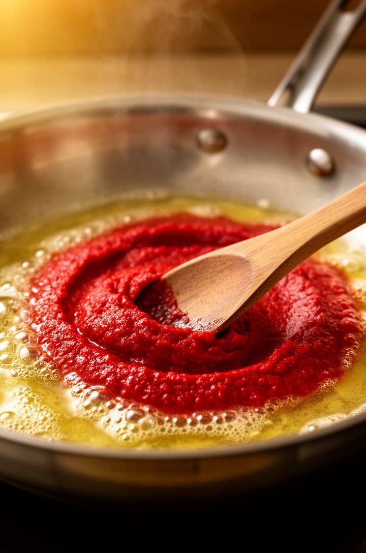Close-up side-angle shot of brick-red tomato paste sizzling in melted golden butter in a large stainless steel skillet, a wooden spoon stirring through the paste, tiny bubbles forming at the edges whe