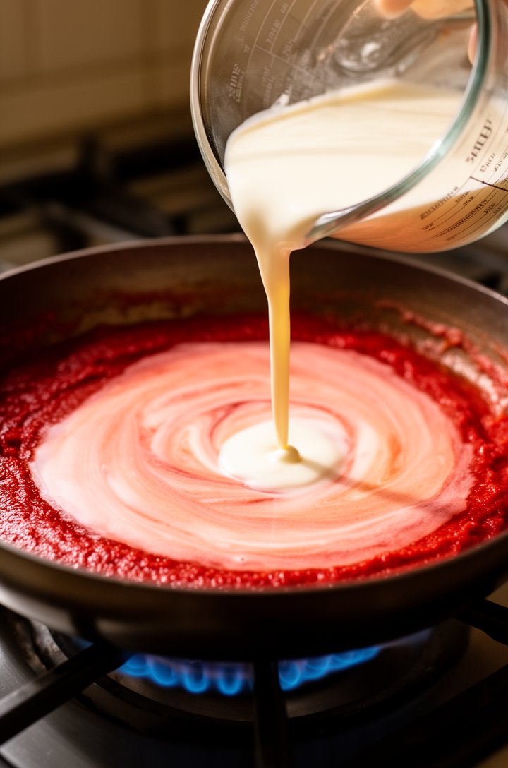 45-degree angle shot of heavy cream being poured from a glass measuring cup into the skillet with the tomato paste and tomato sauce mixture, creating a beautiful swirl of deep red and white that's beg