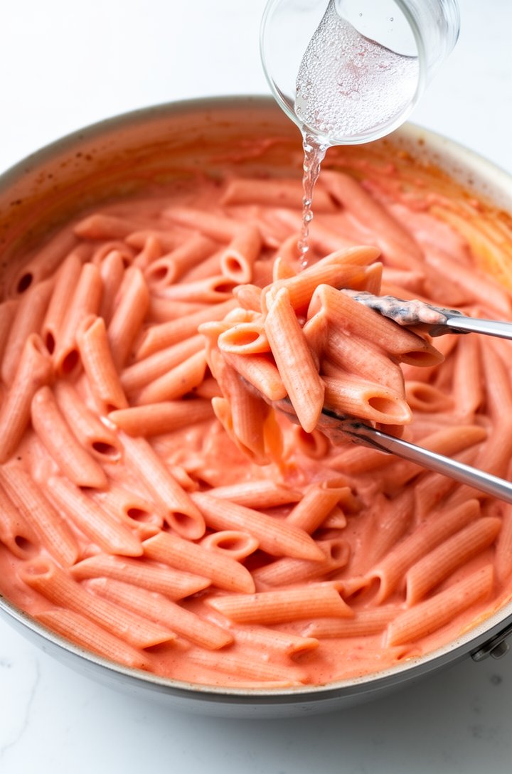 Overhead shot of penne rigate being tossed in the finished creamy tomato rosa sauce in a large skillet, tongs lifting a cluster of sauce-coated penne tubes, the sauce is a uniform silky salmon-pink co