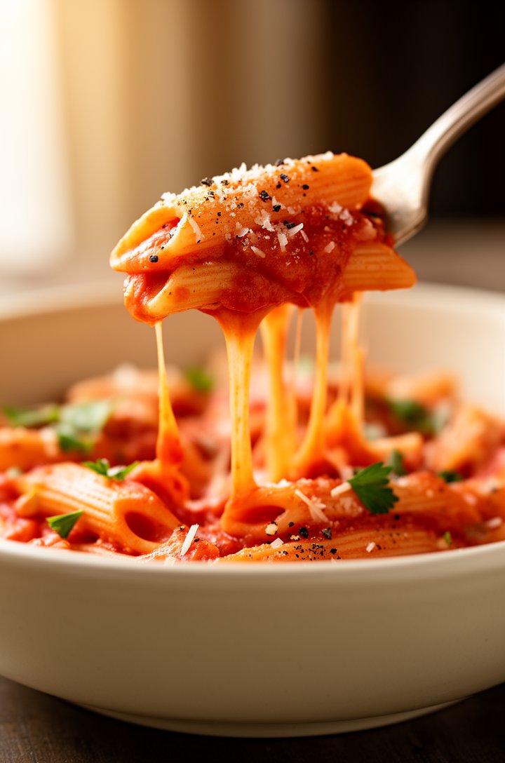 Extreme close-up macro shot of a single forkful of creamy tomato penne being lifted from a shallow cream-colored ceramic bowl, sauce stretching and dripping back down in silky threads, visible Parmesa