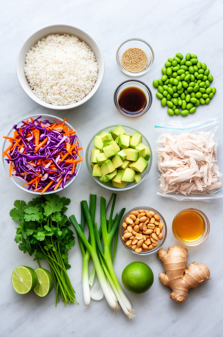 Overhead flat-lay of crispy rice salad ingredients arranged in neat groups on a light marble surface — a bowl of cold white rice, small glass dishes of sesame oil and coconut aminos, a pile of bright 