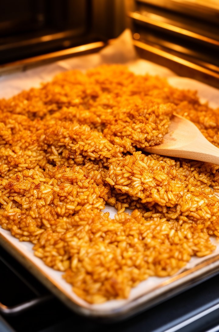Close-up 45-degree angle shot of golden-brown crispy rice spread across a parchment-lined sheet pan fresh from the oven, showing the shatteringly crispy texture with visible caramelized edges and indi