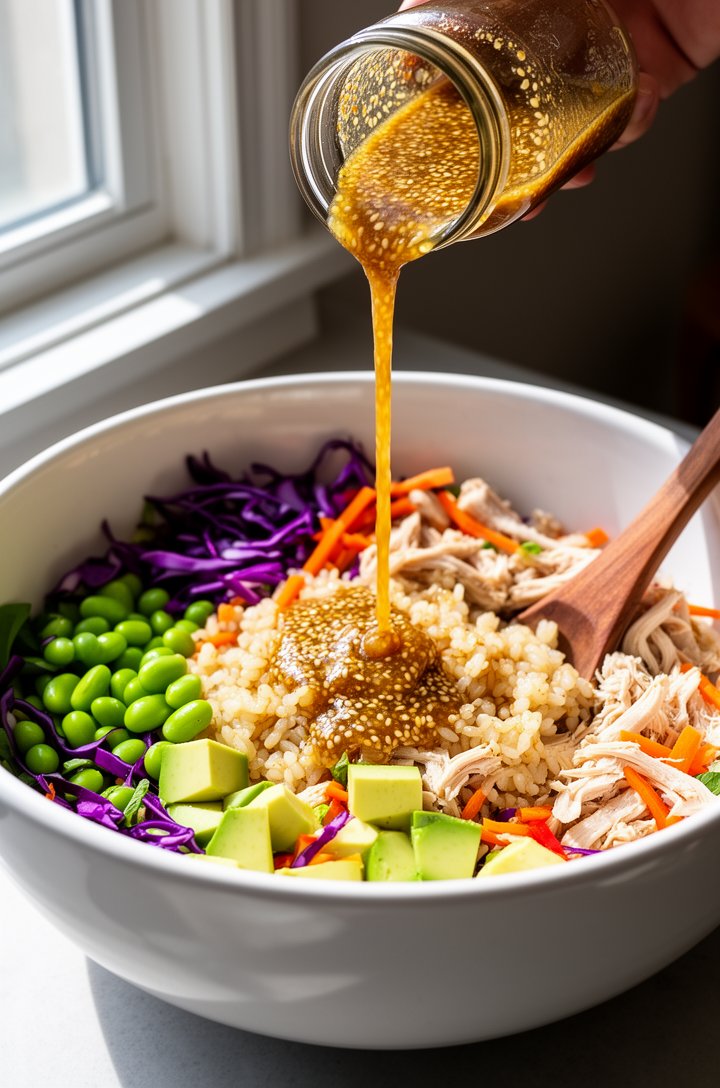 Action shot from above of sesame ginger dressing being poured from a small glass jar over an assembled crispy rice salad in a large white ceramic bowl, the golden dressing mid-stream creating a glossy
