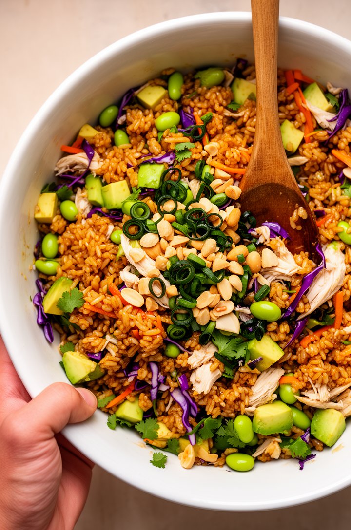 Overhead close-up of the finished crispy rice salad in a large white serving bowl, a hand holding the bowl from the left side, a wooden serving spoon tucked into the salad. Vibrant mix of golden crisp