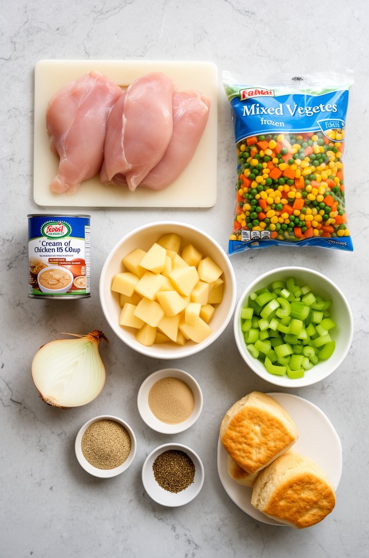 Overhead flat-lay photograph of crockpot chicken pot pie ingredients arranged on a light gray marble countertop, raw chicken breasts on a small cutting board, a can of cream of chicken soup, a bowl of