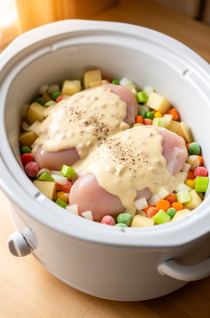 Close-up angled shot looking into a white oval slow cooker filled with raw chicken breasts nestled among diced potatoes, chopped onion, celery pieces, and frozen mixed vegetables, cream of chicken sou