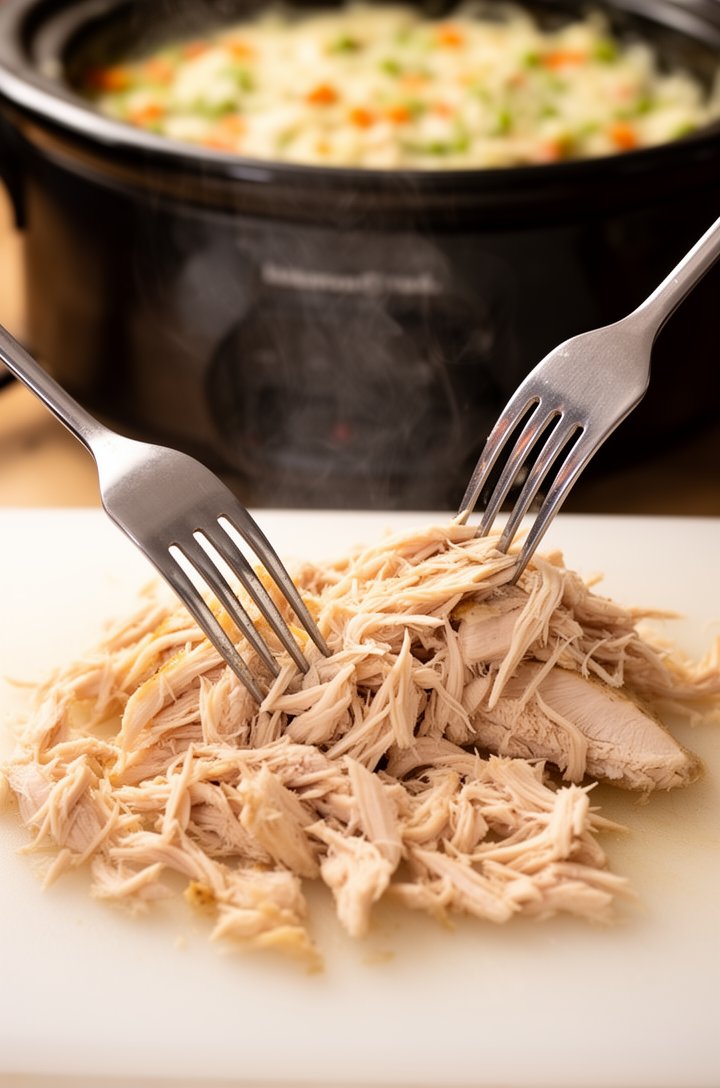 Action shot of two forks shredding a cooked chicken breast on a white cutting board, the chicken pulling apart into tender juicy strands, steam rising from the hot meat, the slow cooker visible in the