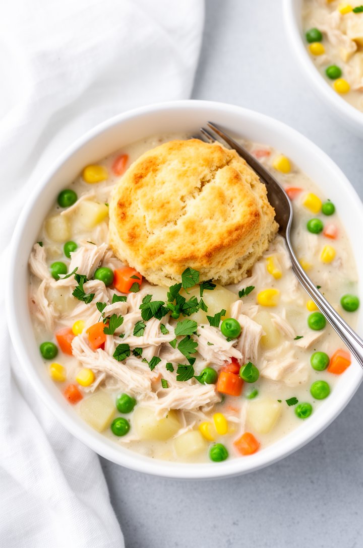 Overhead photograph of a white ceramic bowl filled with thick creamy crockpot chicken pot pie filling, shredded chicken pieces visible throughout the ivory-colored sauce along with bright green peas, 