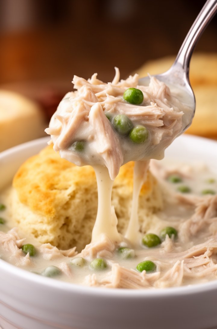 Close-up side-angle shot of a spoonful of crockpot chicken pot pie filling being lifted from a white bowl, the thick creamy sauce stretching and dripping back into the bowl, visible chunks of shredded