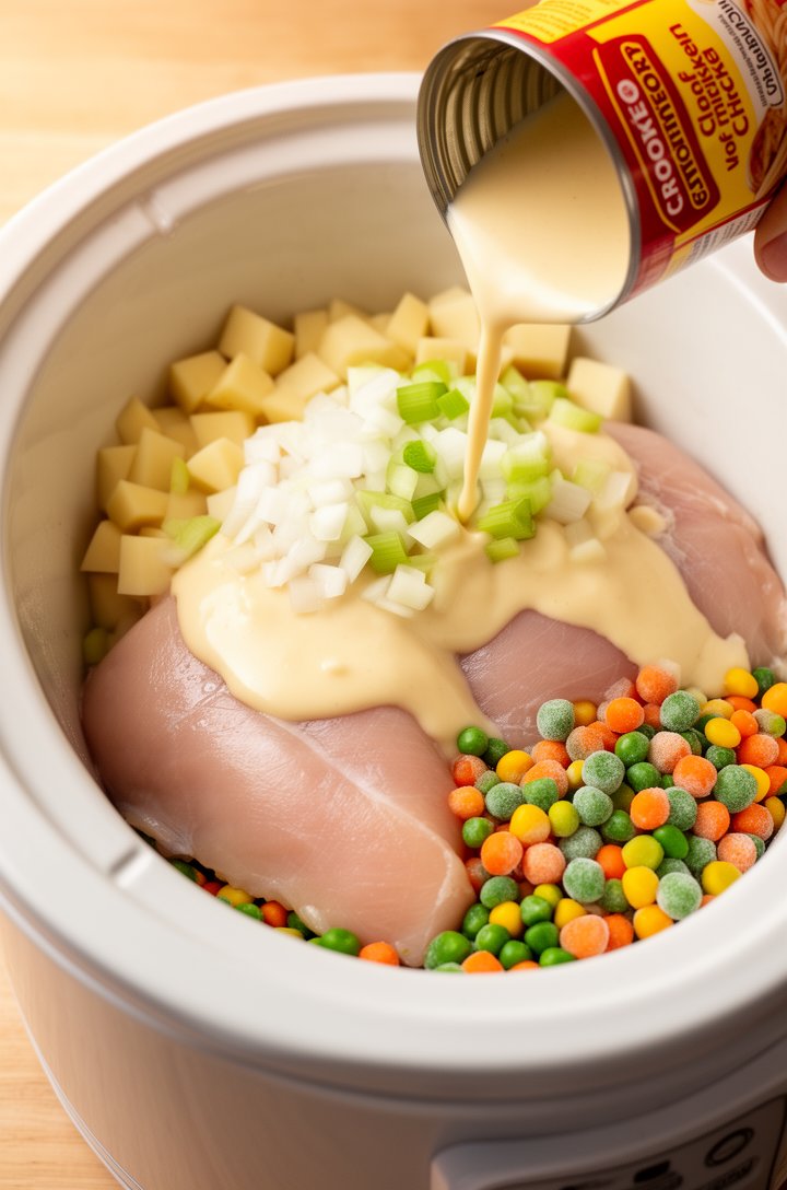 Angled close-up of raw chicken breasts placed in the bottom of a white oval slow cooker insert, cream of chicken soup being poured from a can over the chicken creating a thick pale golden layer, diced potatoes and frozen mixed vegetables piled around the chicken, chopped onion and celery scattered on top, warm kitchen lighting from the left, the slow cooker sits on a light wood countertop, shallow depth of field focused on the pouring soup