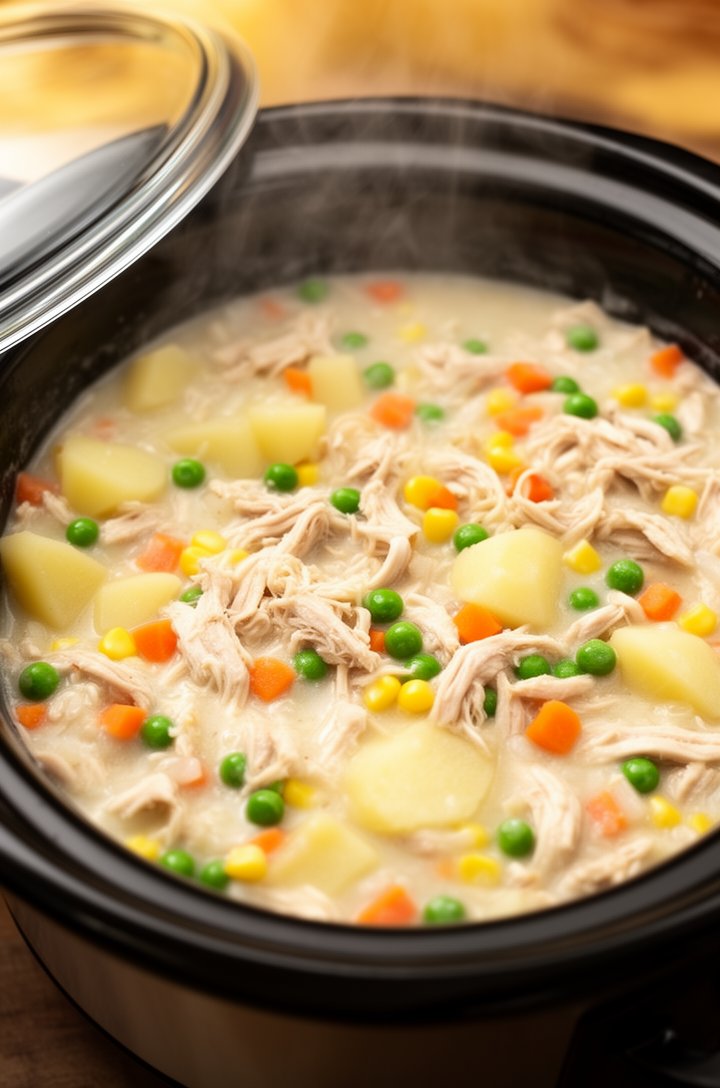 Overhead shot looking down into the slow cooker after cooking, the filling is thick and creamy with a glossy ivory sauce, tender shredded chicken pieces mixed throughout with soft potato cubes bright green peas orange diced carrots and yellow corn kernels, steam rising from the surface, the slow cooker lid resting against the side, warm golden kitchen lighting, appetizing and homestyle